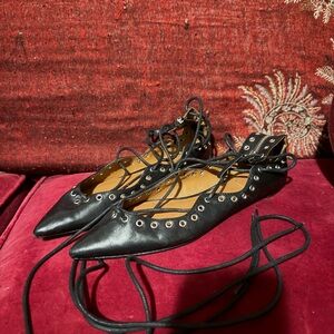 Zara Black Lace-Up Flats with Silver Eyelets